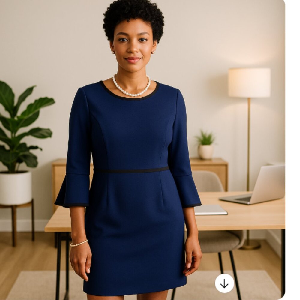 Eliza J Women’s  Navy Blue Lined Bell Sleeve Black Trim Sheath Dress Size 14 Y2K